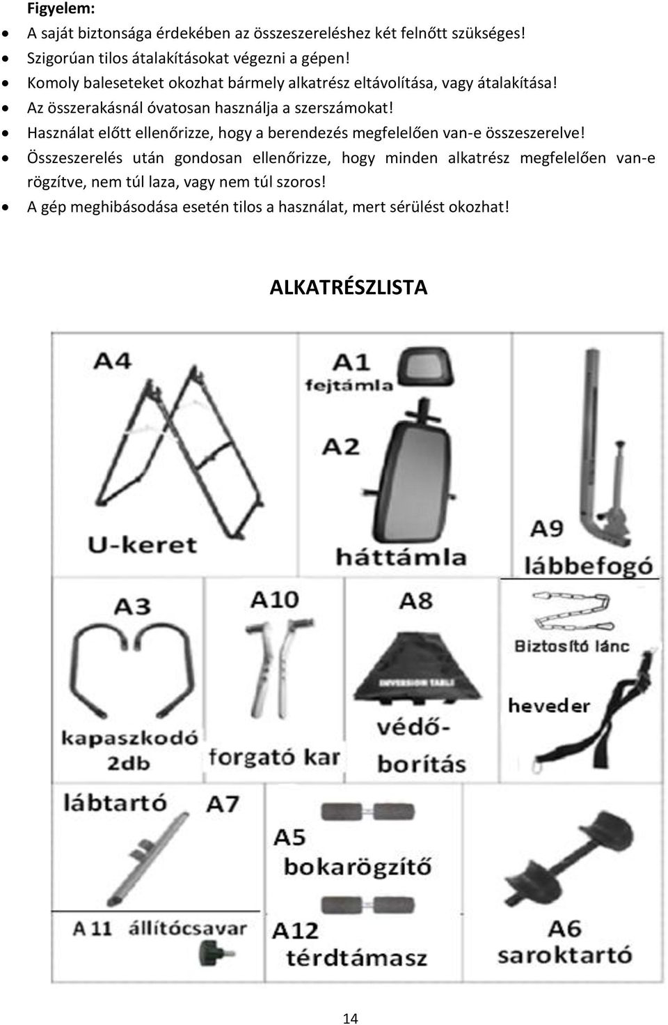 Használat előtt ellenőrizze, hogy a berendezés megfelelően van-e összeszerelve!