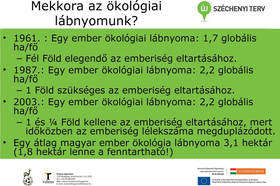 : Egy ember ökológiai lábnyoma: 2,2 globális ha/fő 1 Föld szükséges az emberiség eltartásához. 2003.