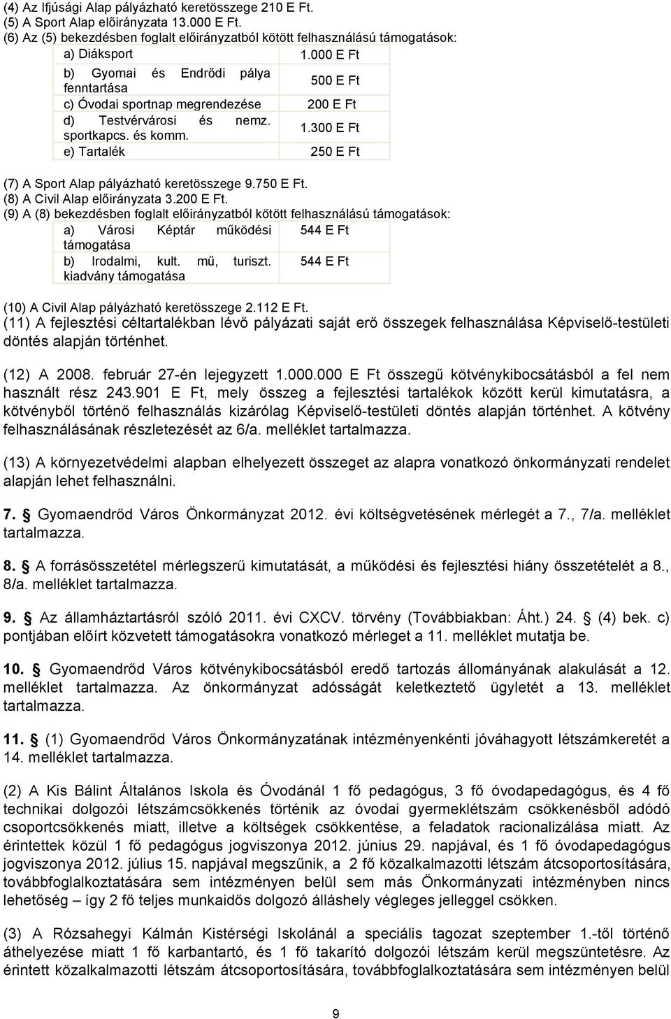 300 E Ft e) Tartalék 250 E Ft (7) A Sport Alap pályázható keretösszege 9.750 E Ft. (8) A Civil Alap előirányzata 3.200 E Ft.