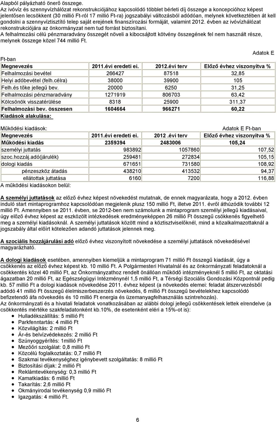 melynek következtében át kell gondolni a szennyvíztisztító telep saját erejének finanszírozási formáját, valamint 2012.