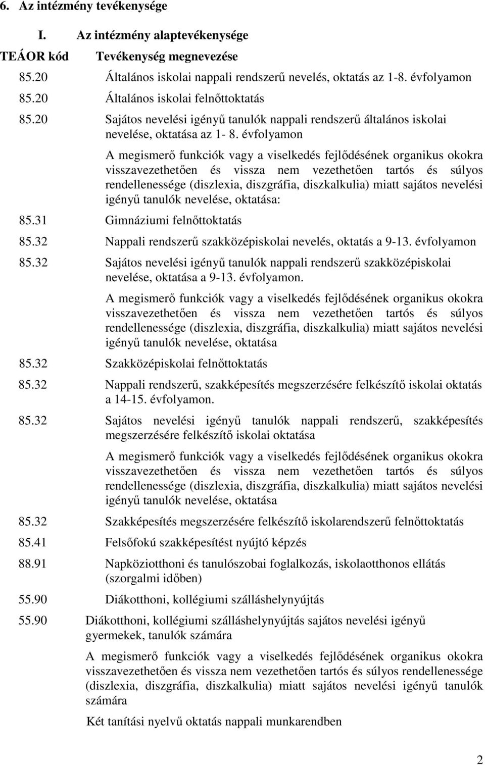 évfolyamon A megismerı funkciók vagy a viselkedés fejlıdésének organikus okokra visszavezethetıen és vissza nem vezethetıen tartós és súlyos rendellenessége (diszlexia, diszgráfia, diszkalkulia)