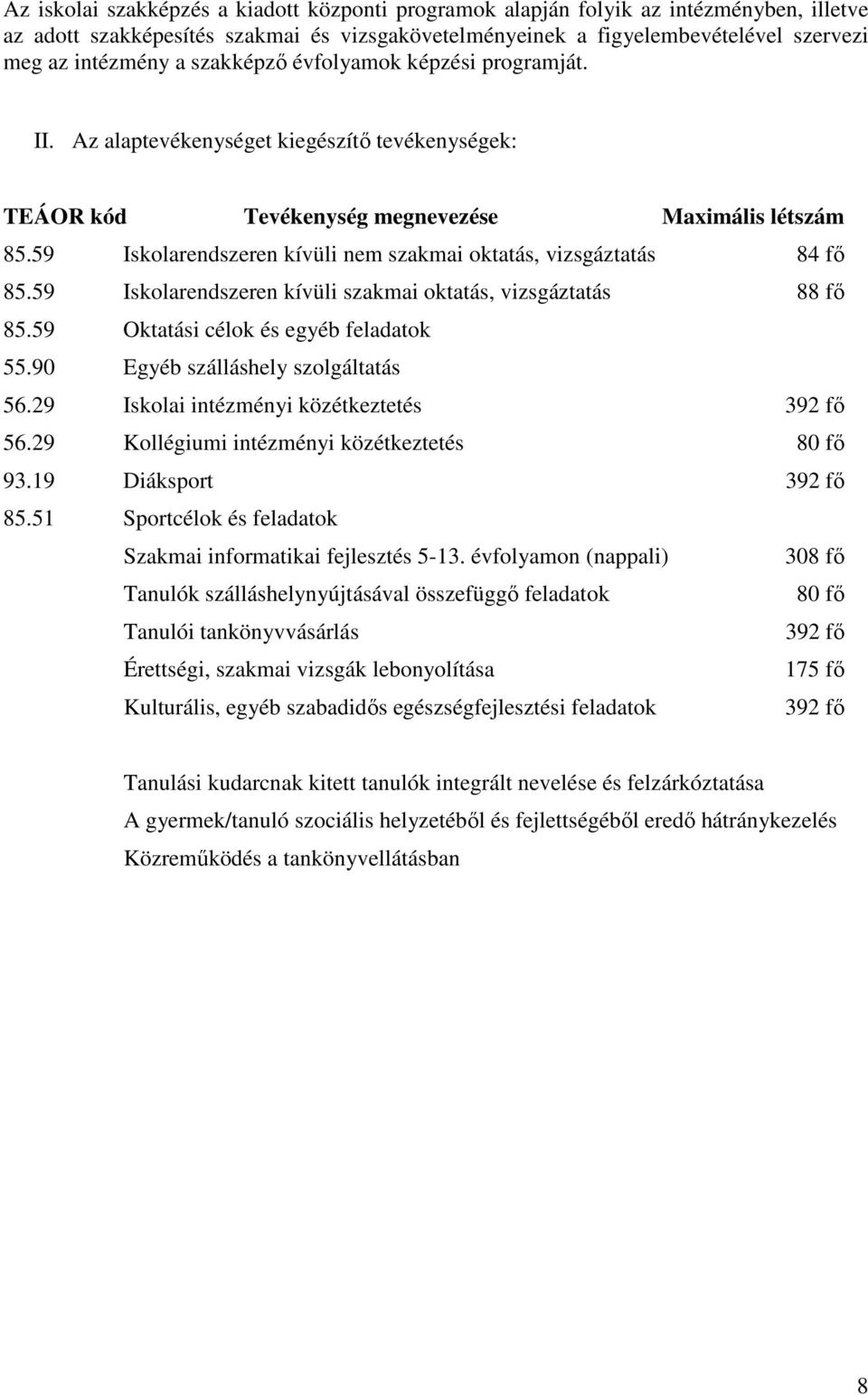59 Iskolarendszeren kívüli nem szakmai oktatás, vizsgáztatás 84 fı 85.59 Iskolarendszeren kívüli szakmai oktatás, vizsgáztatás 88 fı 85.59 Oktatási célok és egyéb feladatok 55.