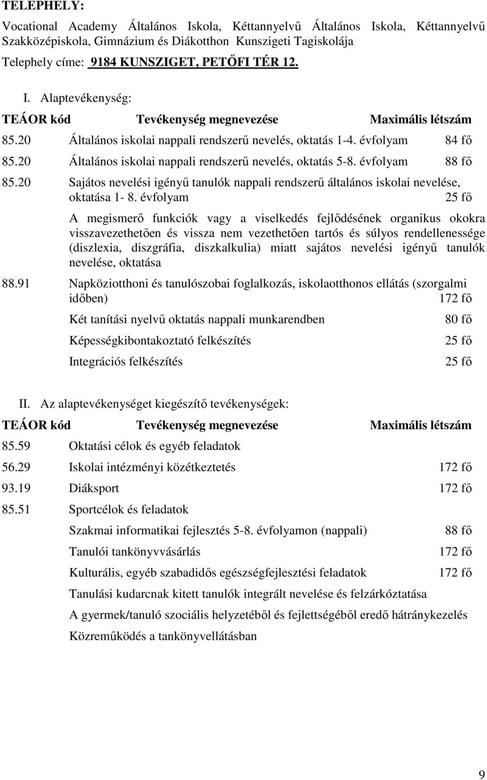 20 Általános iskolai nappali rendszerő nevelés, oktatás 5-8. évfolyam 88 fı 85.20 Sajátos nevelési igényő tanulók nappali rendszerő általános iskolai nevelése, oktatása 1-8.