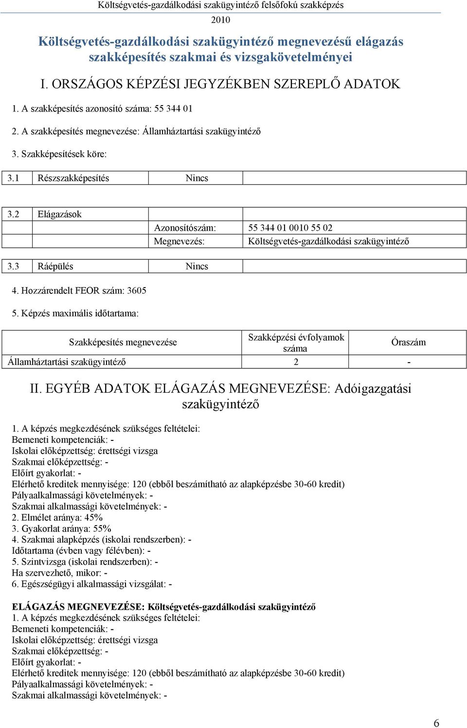 2 Elágazások Azonosítószám: 55 344 01 0010 55 02 Megnevezés: Költségvetés-gazdálkodási szakügyintéző 3.3 Ráépülés Nincs 4. Hozzárendelt FEOR szám: 3605 5.