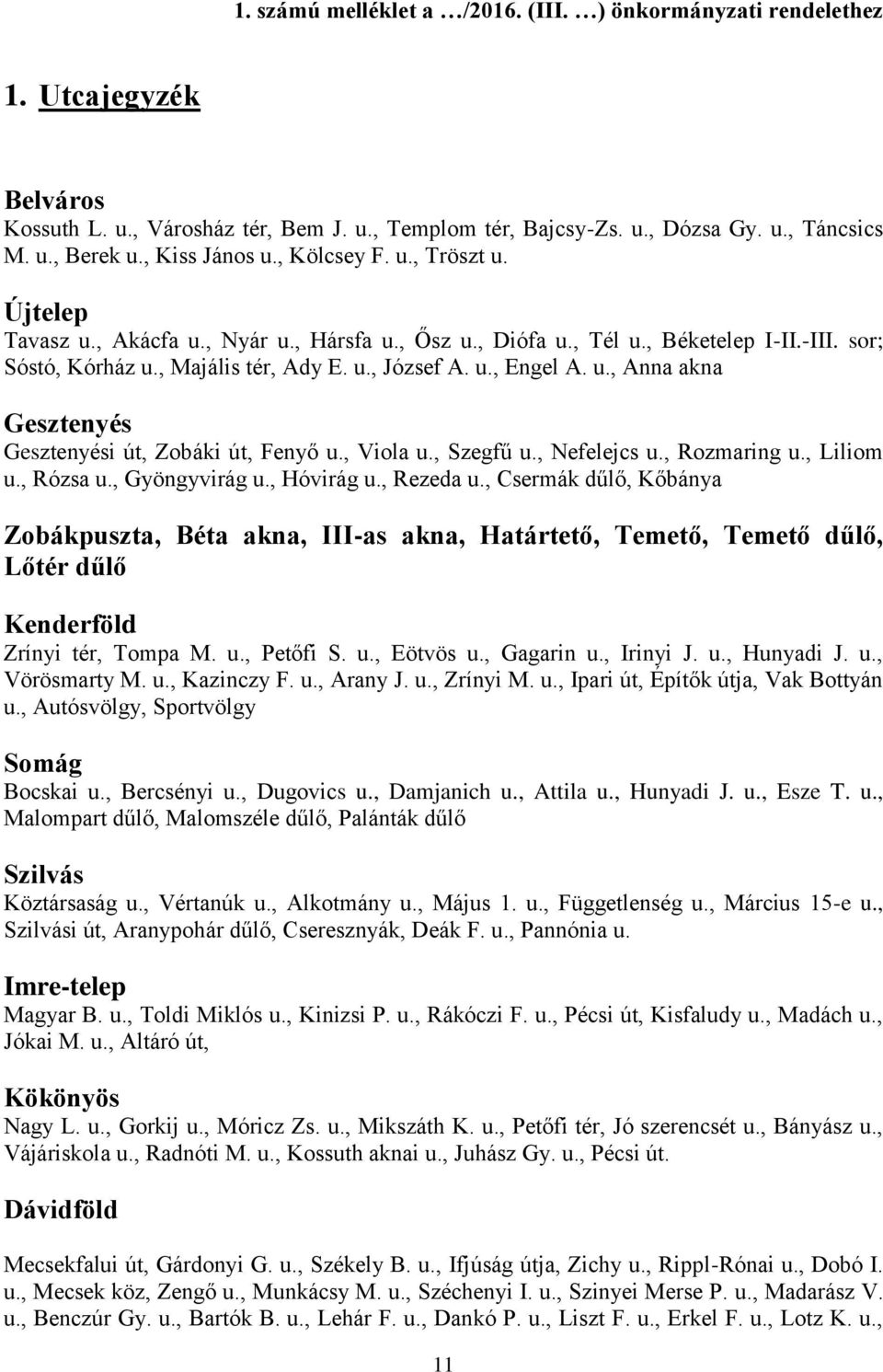 u., Anna akna Gesztenyés Gesztenyési út, Zobáki út, Fenyő u., Viola u., Szegfű u., Nefelejcs u., Rozmaring u., Liliom u., Rózsa u., Gyöngyvirág u., Hóvirág u., Rezeda u.