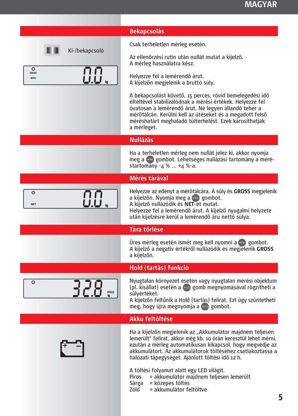 Ne legyen állandó teher a mérőtálcán. Kerülni kell az ütéseket és a megadott felső méréshatárt meghaladó túlterhelést. Ezek károsíthatják a mérleget.