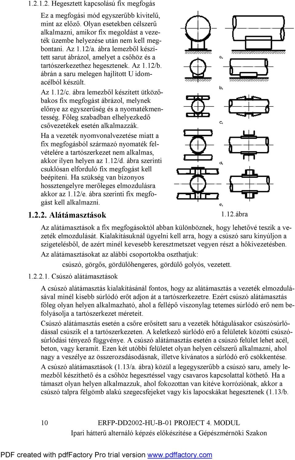 ábra lemezből készített sarut ábrázol, amelyet a csőhöz és a tartószerkezethez hegesztenek. Az 1.1/b. ábrán a saru melegen hajlított U idomacélból készült. Az 1.1/c.