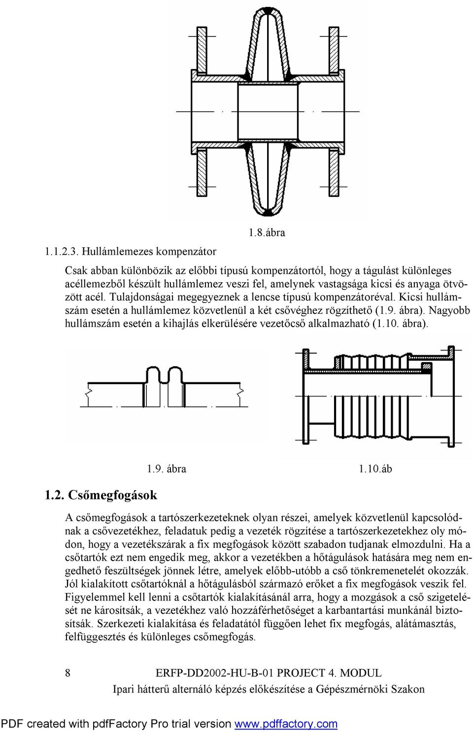 Tulajdonságai megegyeznek a lencse típusú kompenzátoréval. Kicsi huámszám esetén a huámlemez közvetlenül a két csővéghez rögzíthető (1.9. ábra).