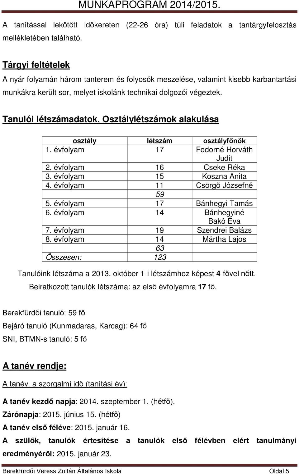 Tanulói létszámadatok, Osztálylétszámok alakulása osztály létszám osztályfőnök 1. évfolyam 17 Fodorné Horváth Judit 2. évfolyam 16 Cseke Réka 3. évfolyam 15 Koszna Anita 4.