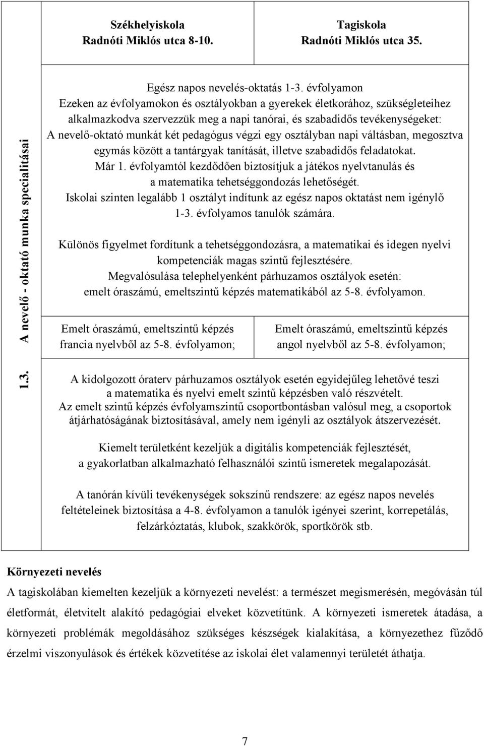 egy sztályban napi váltásban, megsztva egymás között a tantárgyak tanítását, illetve szabadidős feladatkat. Már 1.