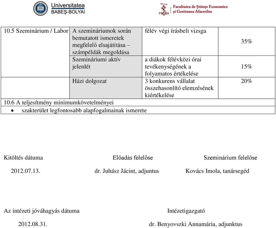 tevékenységének a folyamatos értékelése 3 konkurens vállalat összehasonlító elemzésének kiértékelése 35% 15% 20% Kitöltés dátuma Előadás felelőse