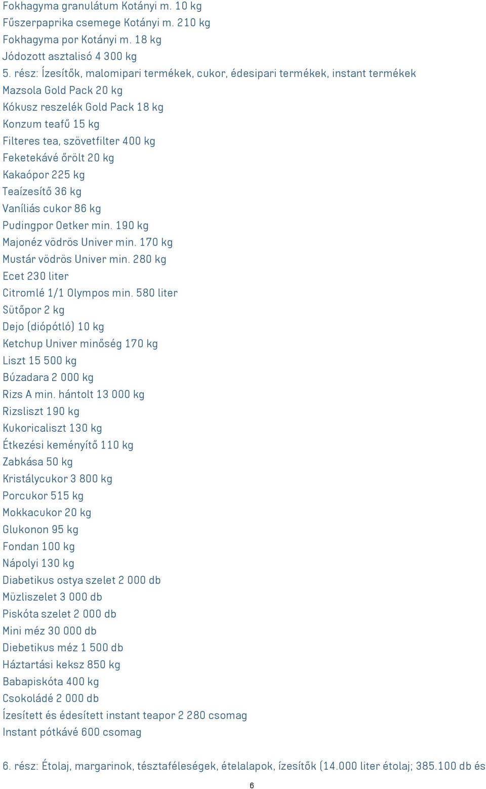 Feketekávé őrölt 20 kg Kakaópor 225 kg Teaízesítő 36 kg Vaníliás cukor 86 kg Pudingpor Oetker min. 190 kg Majonéz vödrös Univer min. 170 kg Mustár vödrös Univer min.