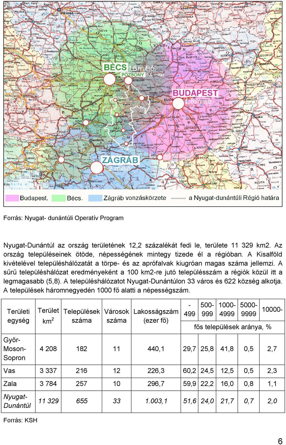 A sűrű településhálózat eredményeként a 100 km2-re jutó településszám a régiók közül itt a legmagasabb (5,8). A településhálózatot Nyugat-Dunántúlon 33 város és 622 község alkotja.