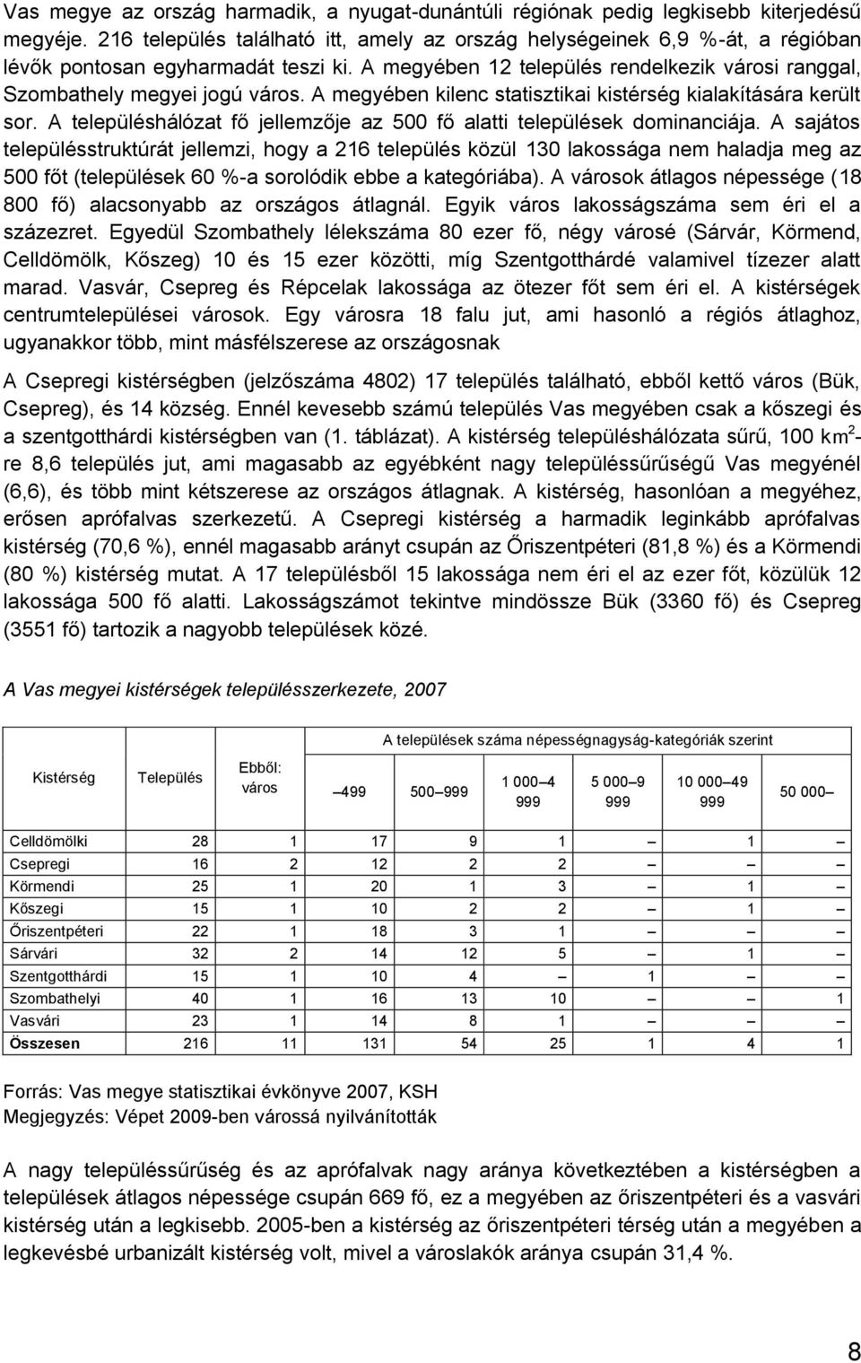 A megyében kilenc statisztikai kistérség kialakítására került sor. A településhálózat fő jellemzője az 500 fő alatti települések dominanciája.