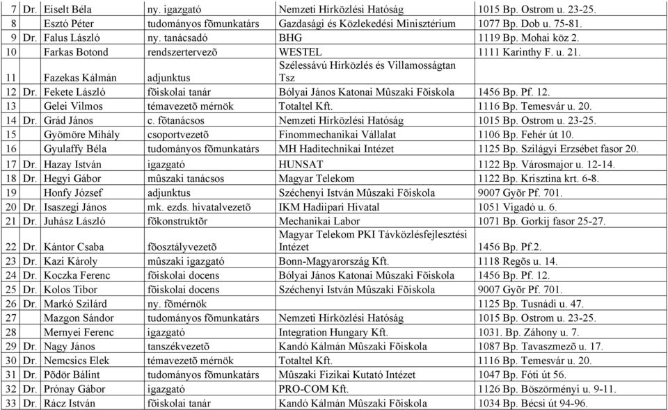 Fekete László fõiskolai tanár Bólyai János Katonai Mûszaki Fõiskola 1456 Bp. Pf. 12. 13 Gelei Vilmos témavezetõ mérnök Totaltel Kft. 1116 Bp. Temesvár u. 20. 14 Dr. Grád János c.