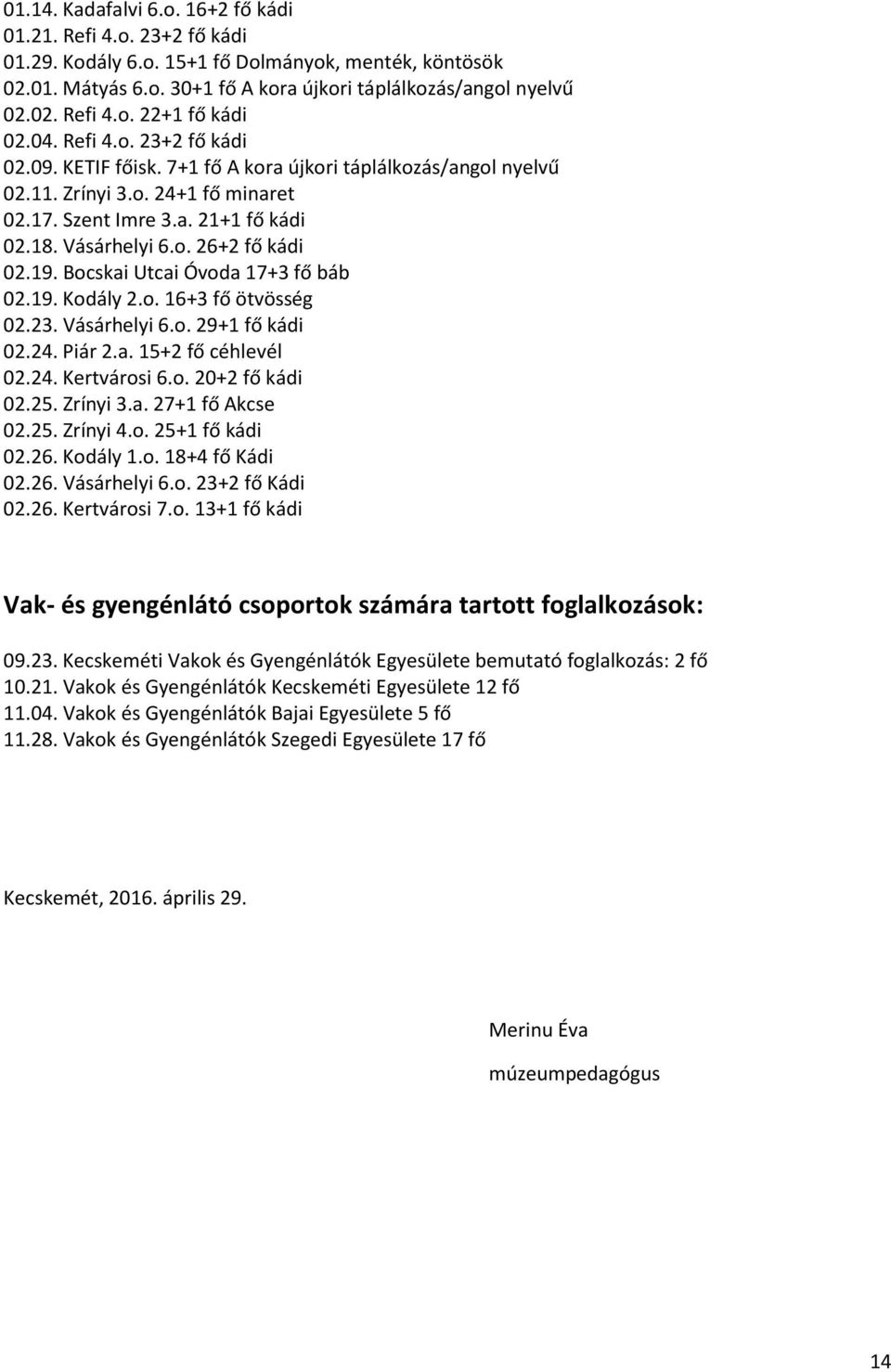 19. Bocskai Utcai Óvoda 17+3 fő báb 02.19. Kodály 2.o. 16+3 fő ötvösség 02.23. Vásárhelyi 6.o. 29+1 fő kádi 02.24. Piár 2.a. 15+2 fő céhlevél 02.24. Kertvárosi 6.o. 20+2 fő kádi 02.25. Zrínyi 3.a. 27+1 fő Akcse 02.