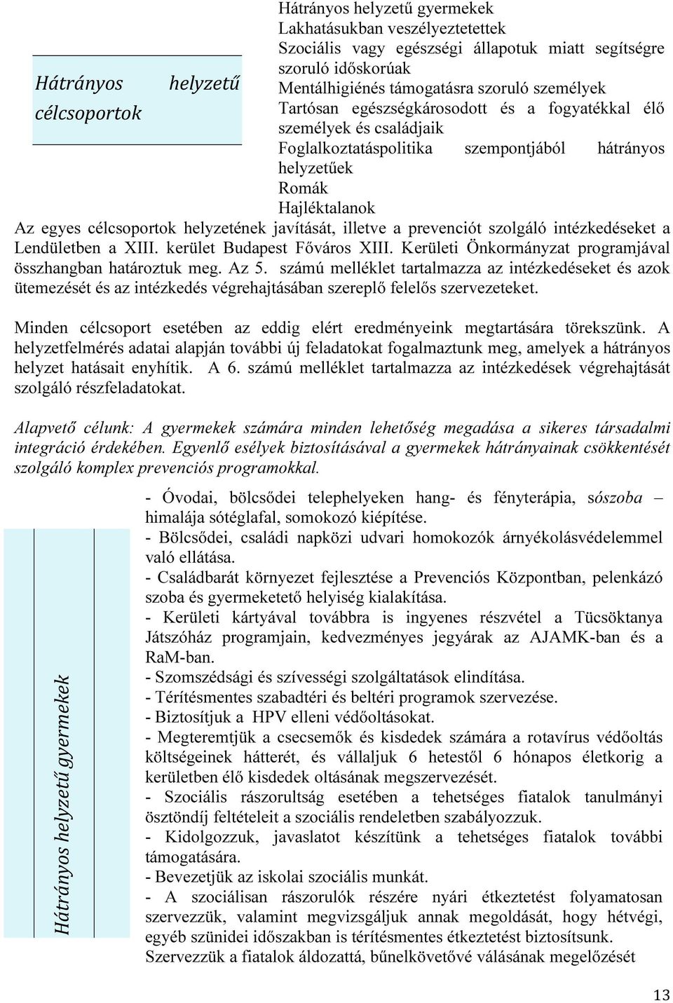 javítását, illetve a prevenciót szolgáló intézkedéseket a Lendületben a XIII. kerület Budapest Főváros XIII. Kerületi Önkormányzat programjával összhangban határoztuk meg. Az 5.