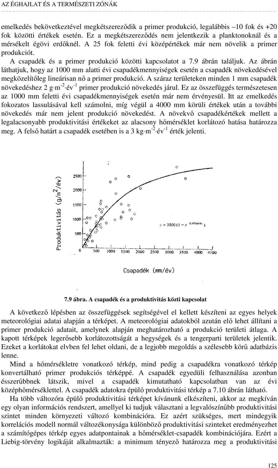 Az ábrán láthatjuk, hogy az 1000 mm alatti évi csapadékmennyiségek esetén a csapadék növekedésével megközelítıleg lineárisan nı a primer produkció.