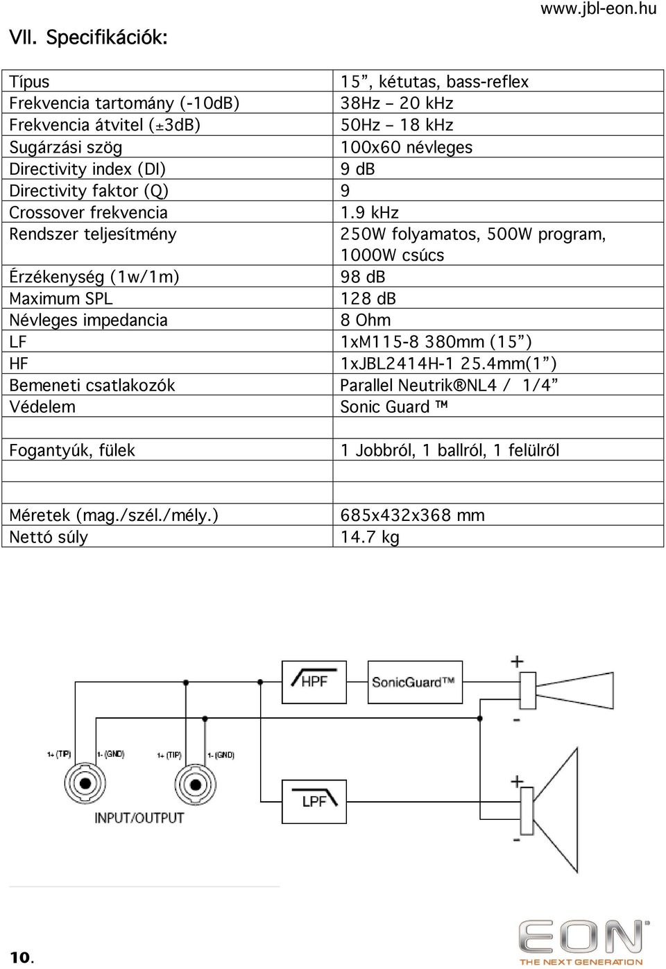 9 khz Rendszer teljesítmény 250W folyamatos, 500W program, 1000W csúcs Érzékenység (1w/1m) 98 db Maximum SPL 128 db Névleges impedancia 8 Ohm LF