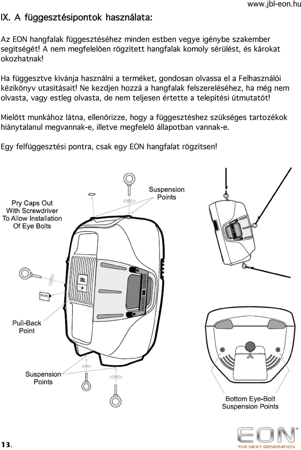 Ha függesztve kívánja használni a terméket, gondosan olvassa el a Felhasználói kézikönyv utasításait!