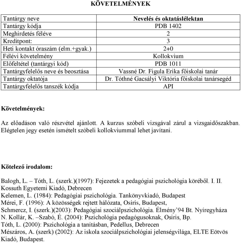 Tóth, L. (szerk.)(1997): Fejezetek a pedagógiai pszichológia köréből. I. II. Kossuth Egyetemi Kiadó, Debrecen Kelemen, L. (1984): Pedagógiai pszichológia. Tankönyvkiadó, Budapest Mérei, F.