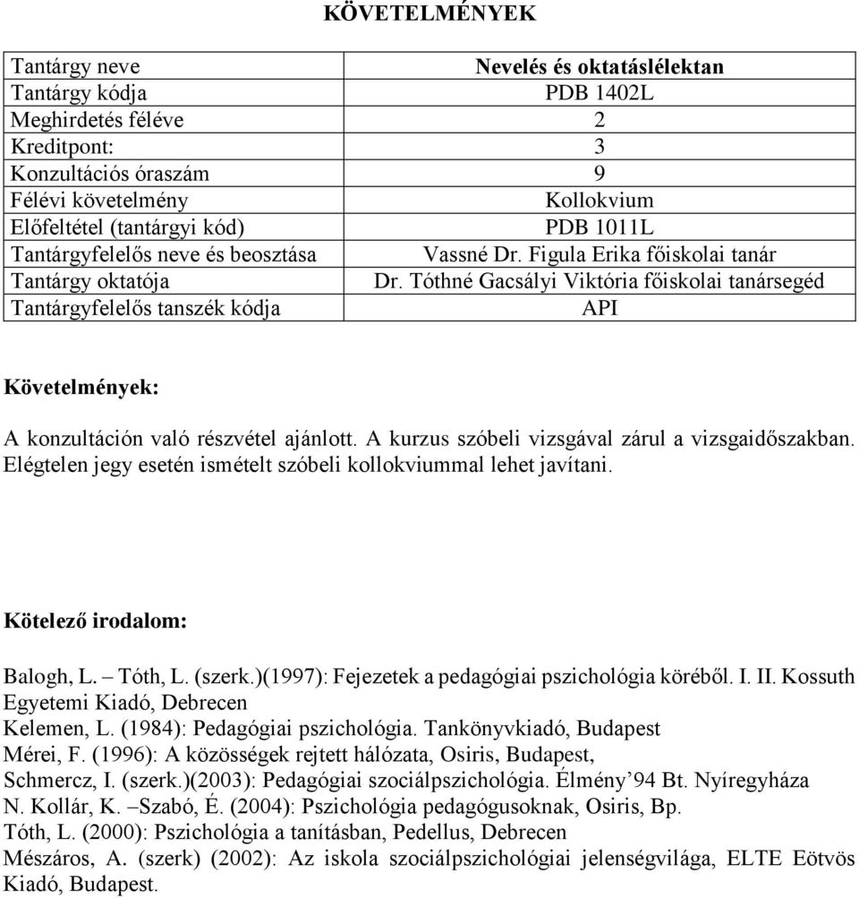 Balogh, L. Tóth, L. (szerk.)(1997): Fejezetek a pedagógiai pszichológia köréből. I. II. Kossuth Egyetemi Kiadó, Debrecen Kelemen, L. (1984): Pedagógiai pszichológia. Tankönyvkiadó, Budapest Mérei, F.