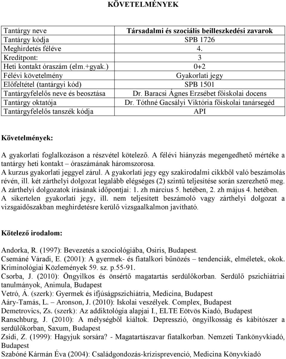 A félévi hiányzás megengedhető mértéke a tantárgy heti kontakt óraszámának háromszorosa. A kurzus gyakorlati jeggyel zárul. A gyakorlati jegy egy szakirodalmi cikkből való beszámolás révén, ill.