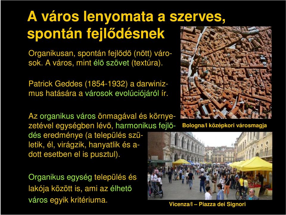 Az organikus város önmagával és környezetével egységben lévő, harmonikus fejlődés eredménye (a település születik, él, virágzik,