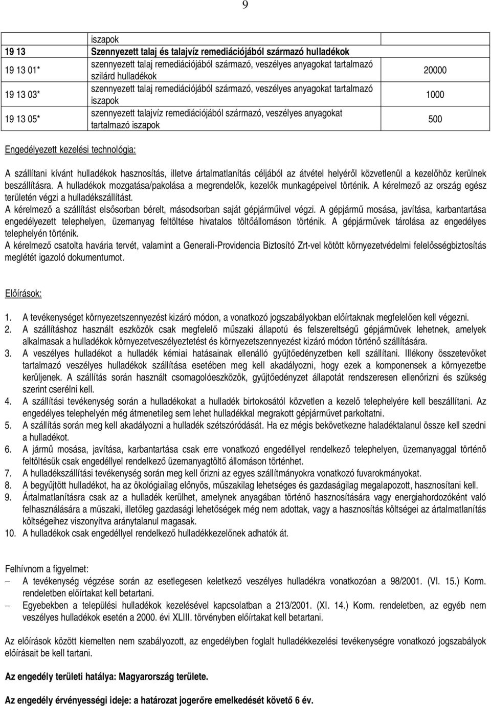 Engedélyezett kezelési technológia: A szállítani kívánt hulladékok hasznosítás, illetve ártalmatlanítás céljából az átvétel helyér l közvetlenül a kezel höz kerülnek beszállításra.