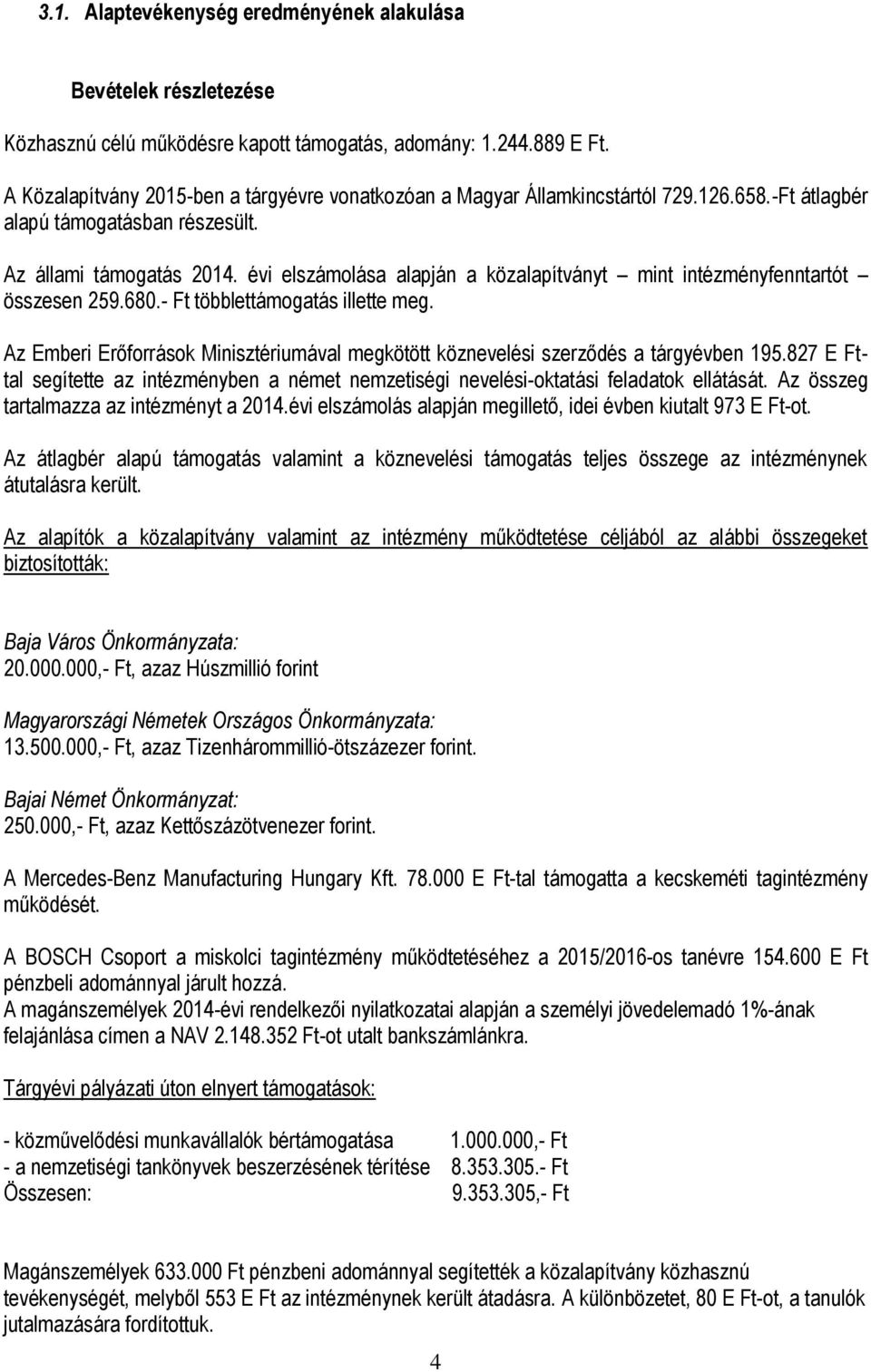 évi elszámolása alapján a közalapítványt mint intézményfenntartót összesen 259.680.- Ft többlettámogatás illette meg.