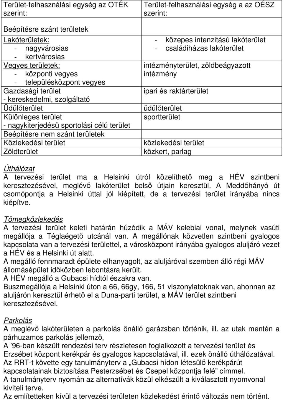 OÉSZ szerint: - közepes intenzitású lakóterület - családiházas lakóterület intézményterület, zöldbeágyazott intézmény ipari és raktárterület üdülőterület sportterület közlekedési terület közkert,