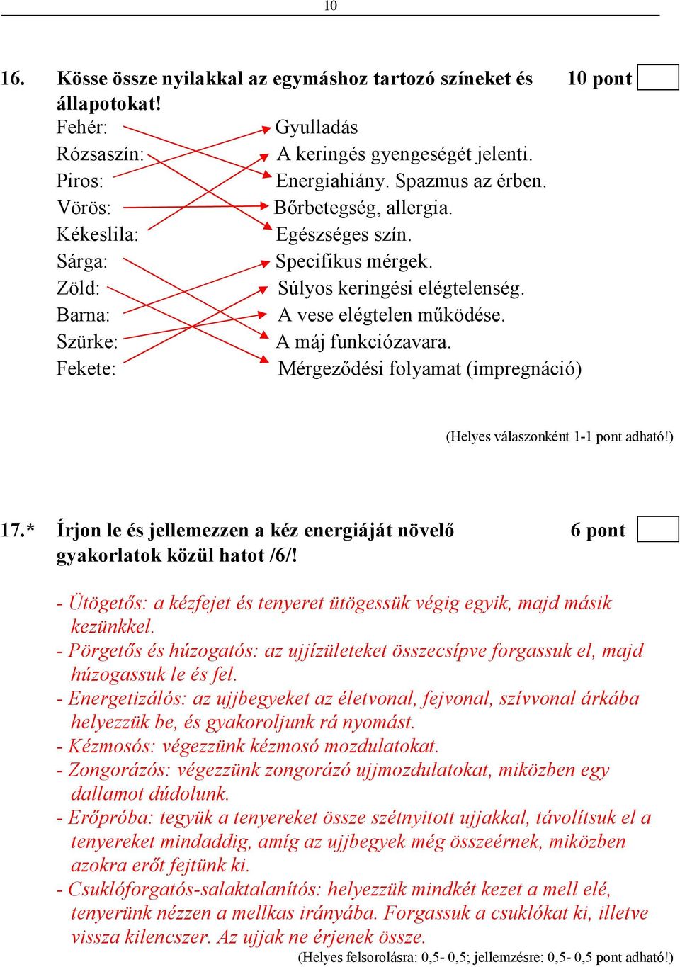 Fekete: Mérgezıdési folyamat (impregnáció) 17.* Írjon le és jellemezzen a kéz energiáját növelı 6 pont gyakorlatok közül hatot /6/!