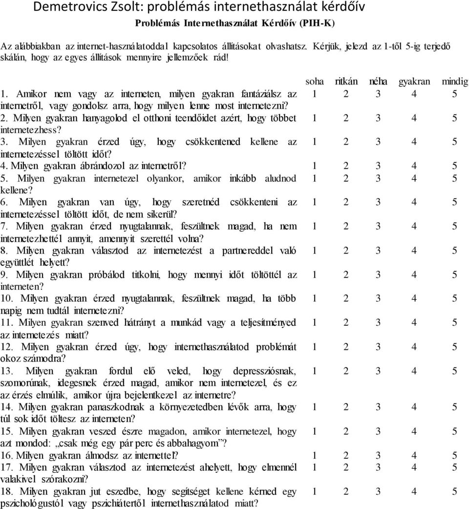 Amikor nem vagy az interneten, milyen gyakran fantáziálsz az 1 2 3 4 5 internetről, vagy gondolsz arra, hogy milyen lenne most internetezni? 2. Milyen gyakran hanyagolod el otthoni teendőidet azért, hogy többet 1 2 3 4 5 internetezhess?