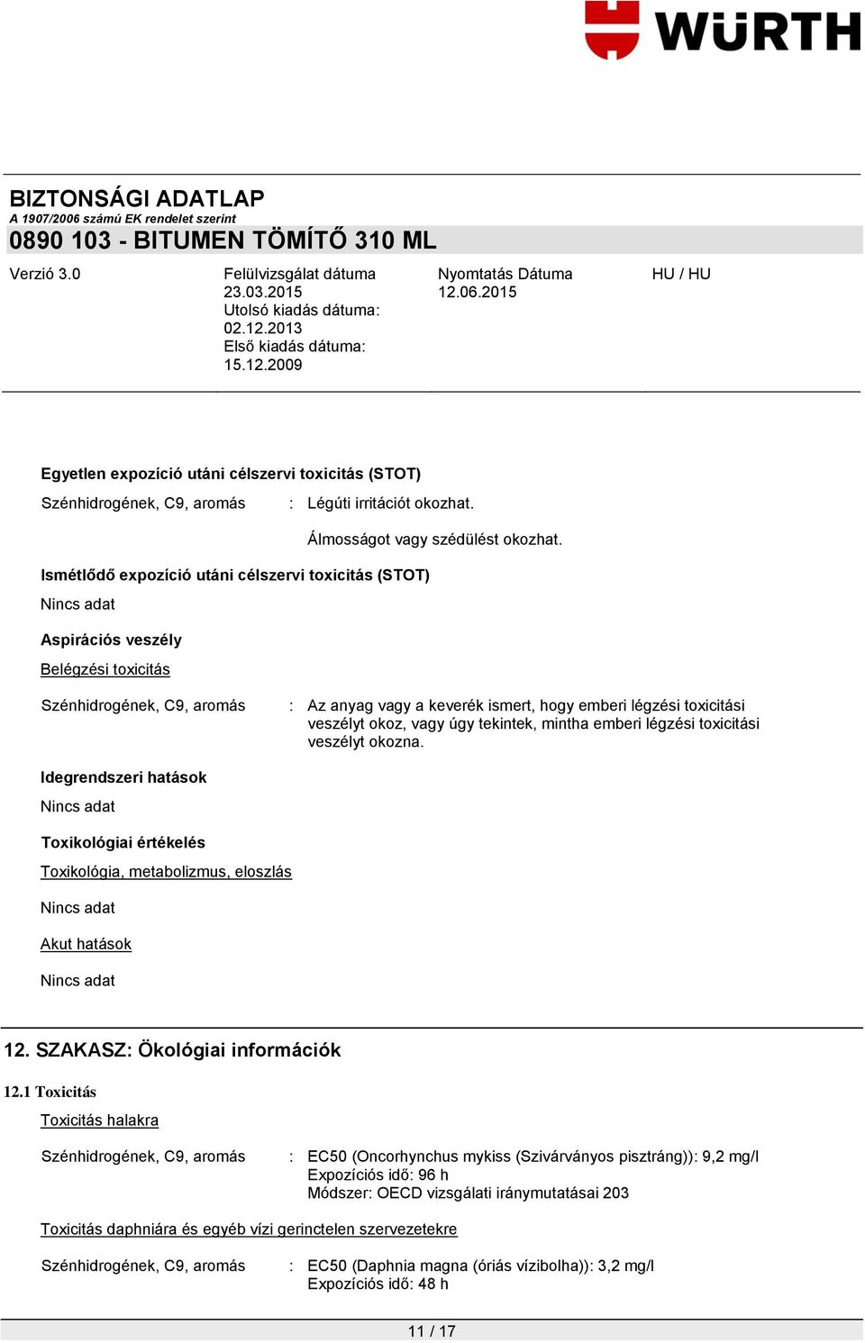 mintha emberi légzési toxicitási veszélyt okozna. Idegrendszeri hatások Toxikológiai értékelés Toxikológia, metabolizmus, eloszlás Akut hatások 12. SZAKASZ: Ökológiai információk 12.