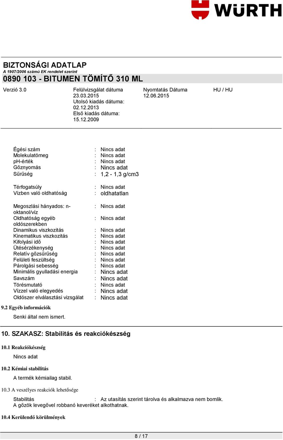 elválasztási vizsgálat 9.2 Egyéb információk Senki által nem ismert. : 1,2-1,3 g/cm3 : oldhatatlan 10. SZAKASZ: Stabilitás és reakciókészség 10.1 Reakciókészség 10.