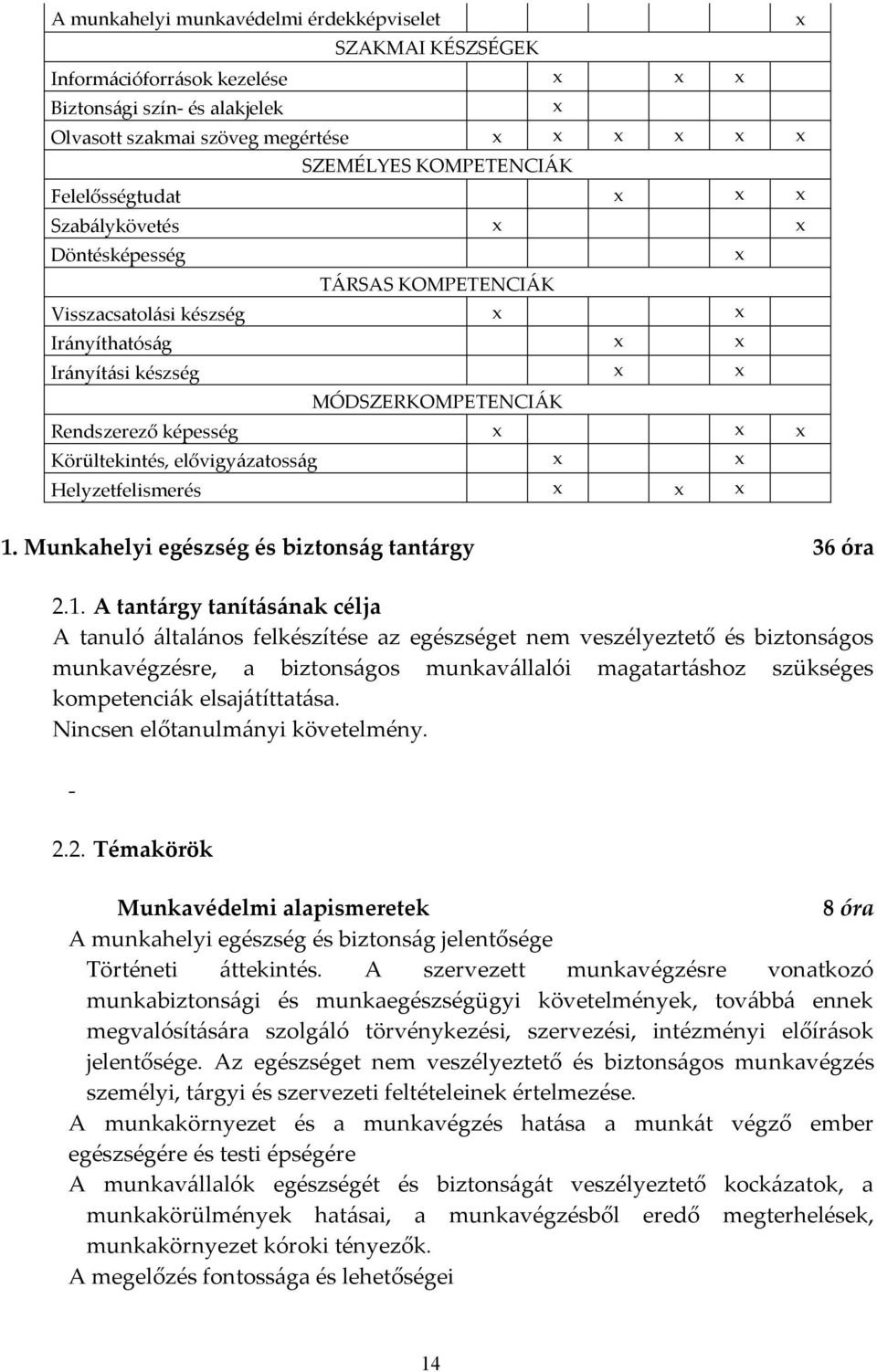 1. Munkahelyi egészség és biztonság tantárgy 36 óra 2.1. A tantárgy tanításának célja A tanuló általános felkészítése az egészséget nem veszélyeztető és biztonságos munkavégzésre, a biztonságos