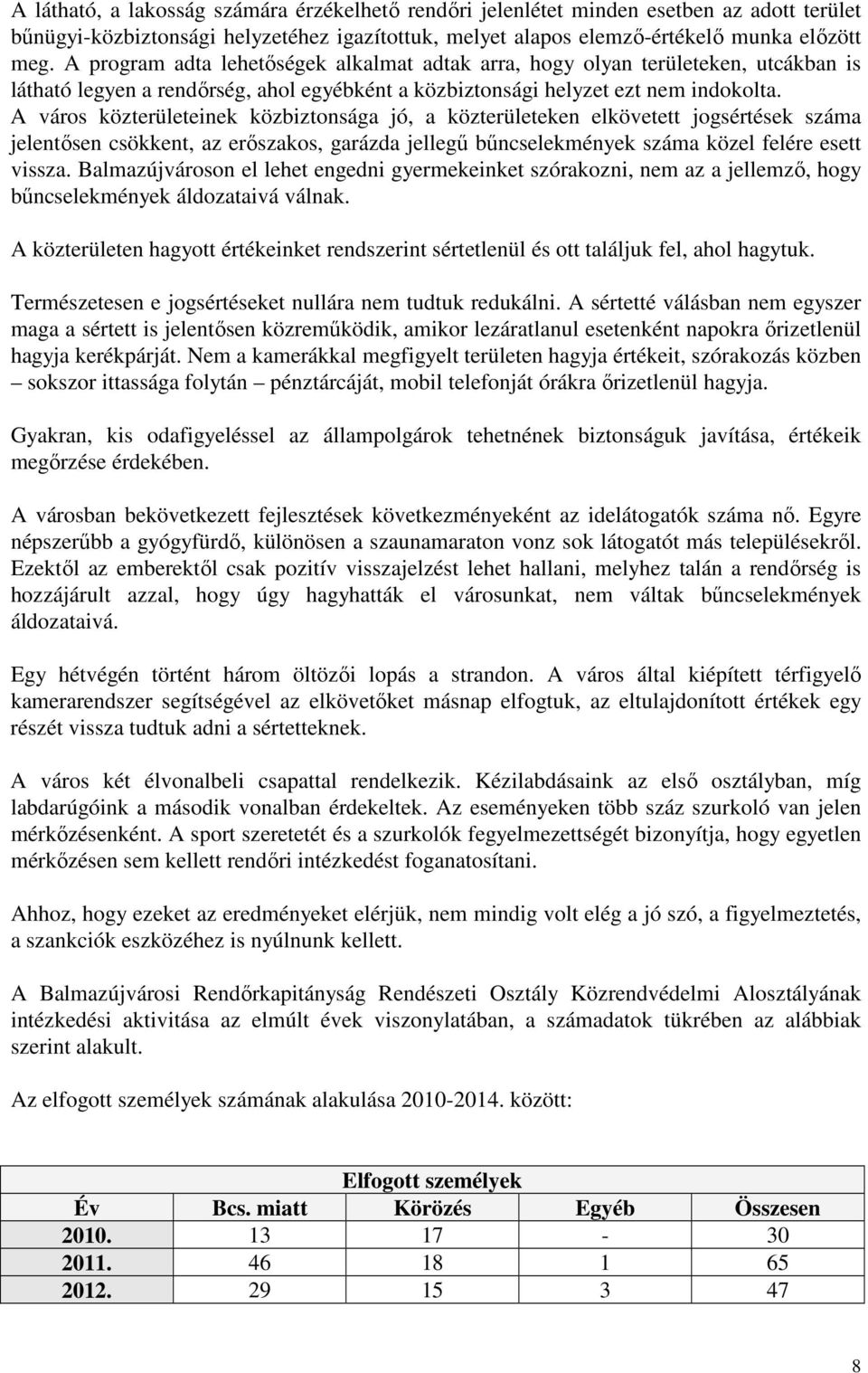 A város közterületeinek közbiztonsága jó, a közterületeken elkövetett jogsértések száma jelentősen csökkent, az erőszakos, garázda jellegű bűncselekmények száma közel felére esett vissza.