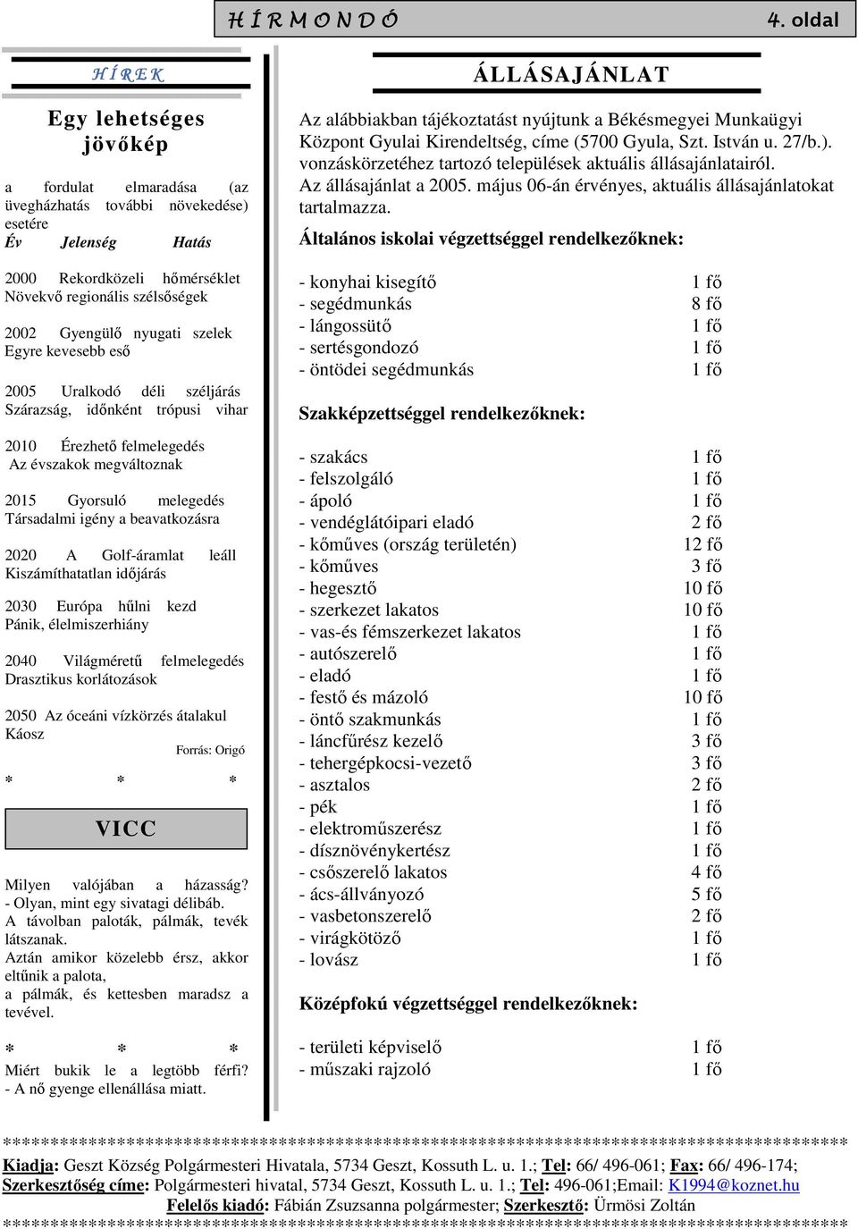 szelek Egyre kevesebb eső 2005 Uralkodó déli széljárás Szárazság, időnként trópusi vihar 2010 Érezhető felmelegedés Az évszakok megváltoznak 2015 Gyorsuló melegedés Társadalmi igény a beavatkozásra