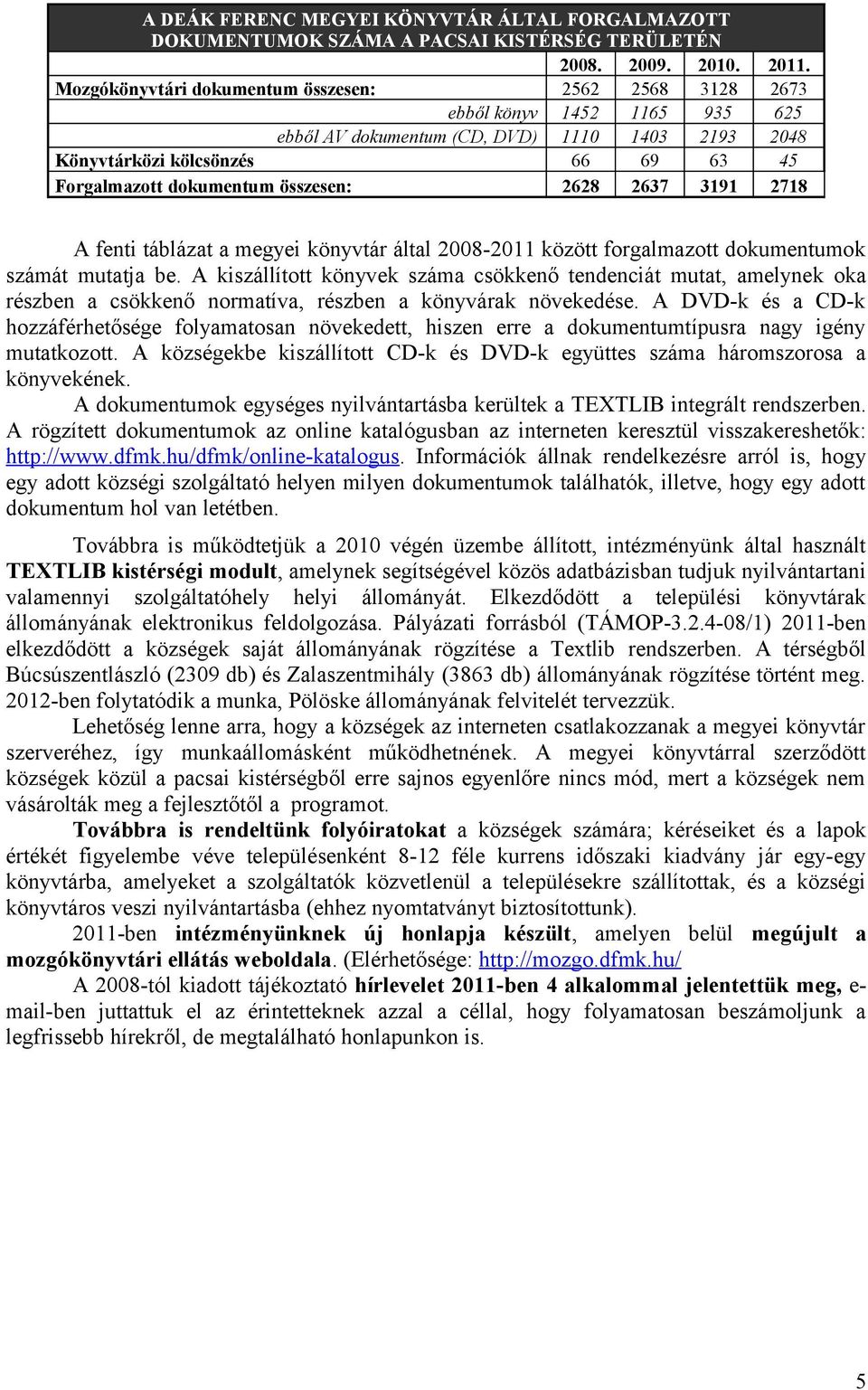 összesen: 2628 2637 3191 2718 A fenti táblázat a megyei könyvtár által 2008-2011 között forgalmazott dokumentumok számát mutatja be.