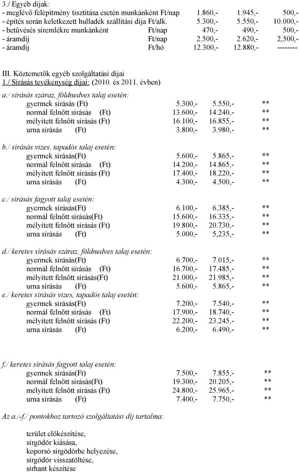 / Sírásás tevékenység díjai: (2010. és 2011. évben) a./ sírásás száraz, földnedves talaj esetén: gyermek sírásás (Ft) 5.300,- 5.550,- ** normál felnőtt sírásás (Ft) 13.600,- 14.