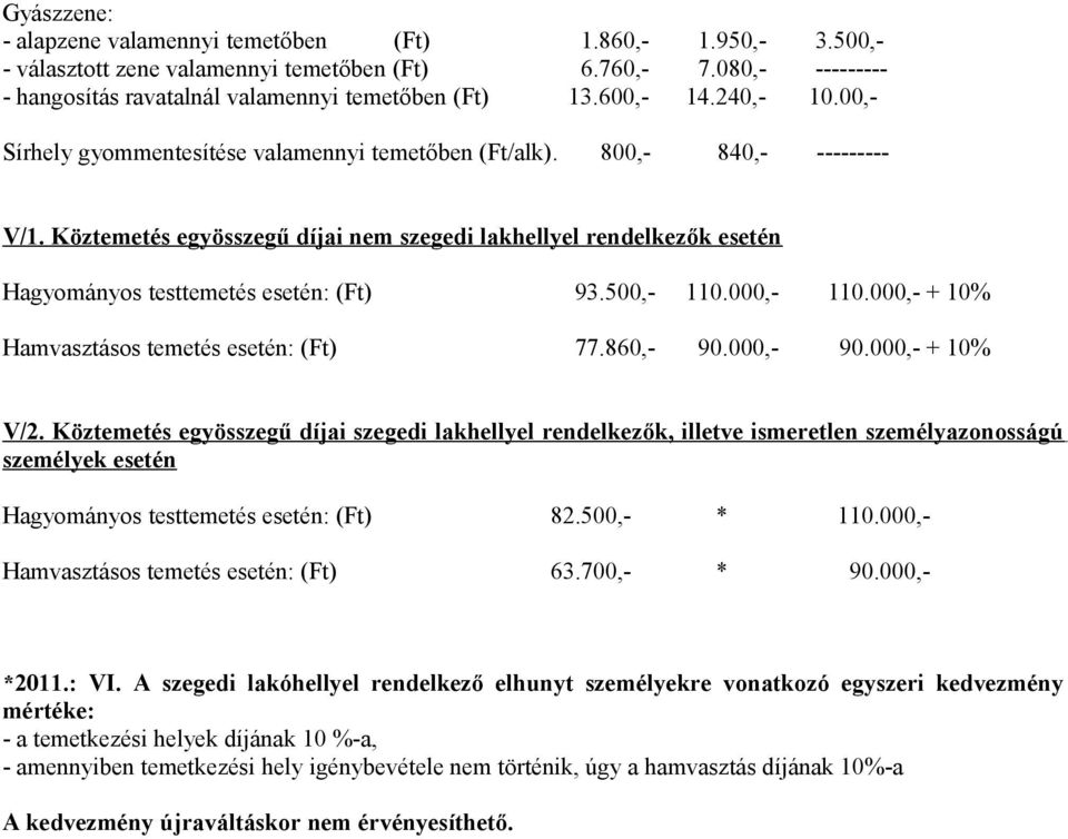 Köztemetés egyösszegű díjai nem szegedi lakhellyel rendelkezők esetén Hagyományos testtemetés esetén: (Ft) 93.500,- 110.000,- 110.000,- + 10% Hamvasztásos temetés esetén: (Ft) 77.860,- 90.000,- 90.