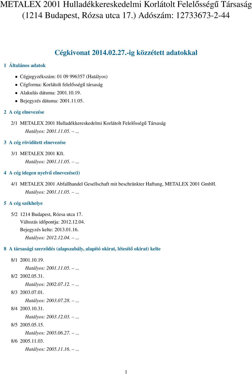Bejegyzés dátuma: 2001.11.05. 2 A cég elnevezése 2/1 METALEX 2001 Hulladékkereskedelmi Korlátolt Felelősségű Társaság 3 A cég rövidített elnevezése 3/1 METALEX 2001 Kft.