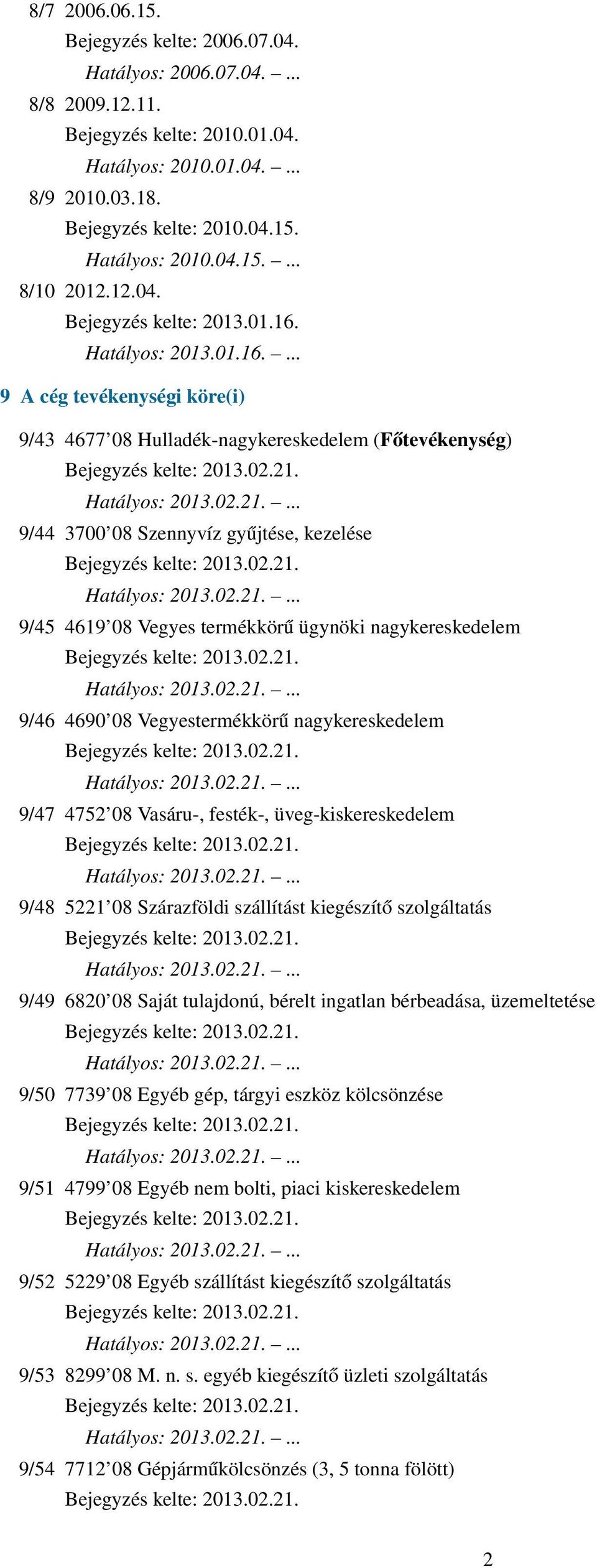 ... 9 A cég tevékenységi köre(i) 9/43 4677 08 Hulladék-nagykereskedelem (Főtevékenység) 9/44 3700 08 Szennyvíz gyűjtése, kezelése 9/45 4619 08 Vegyes termékkörű ügynöki nagykereskedelem 9/46 4690 08