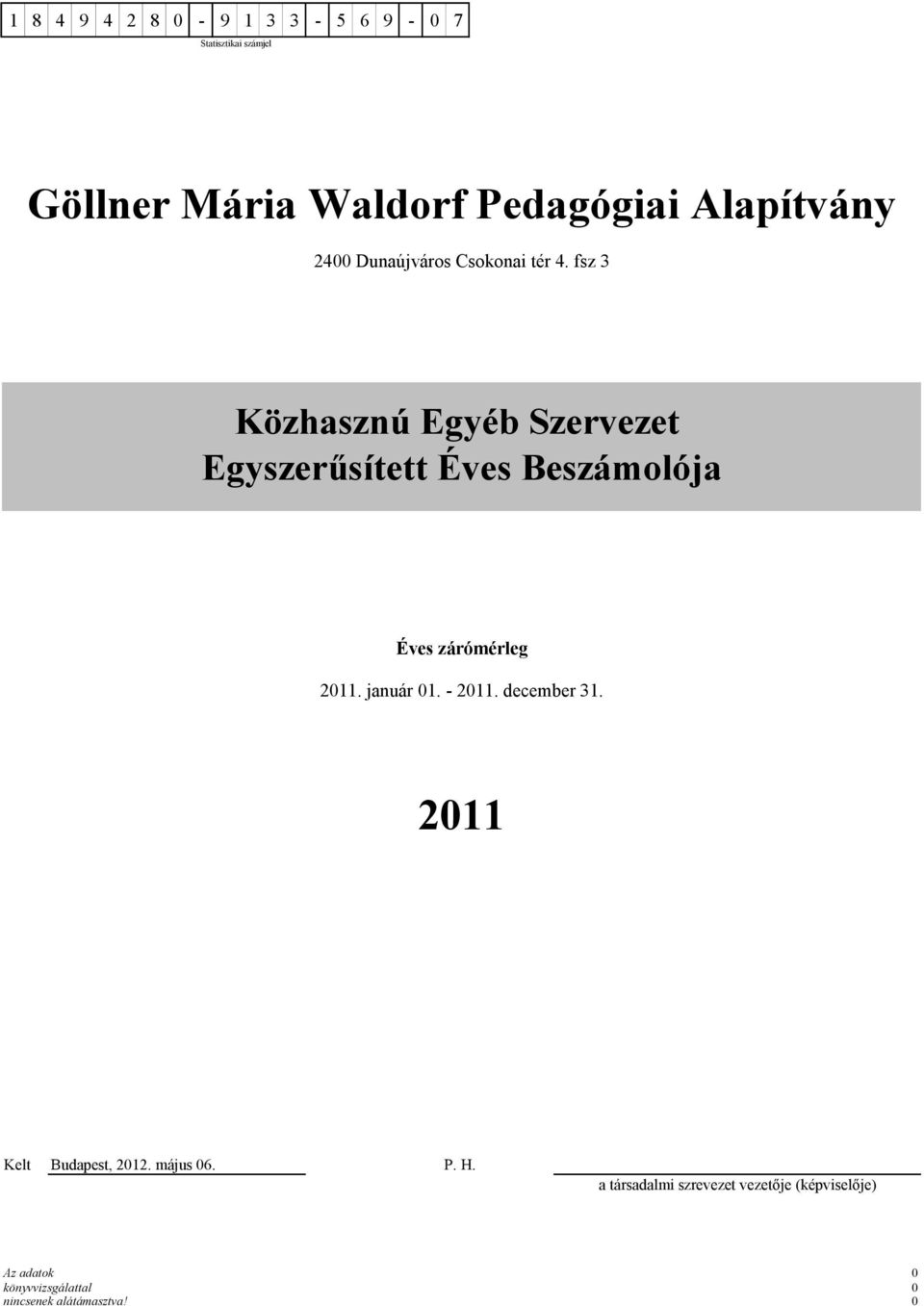 zárómérleg 2011. január 01. - 2011. december 31.