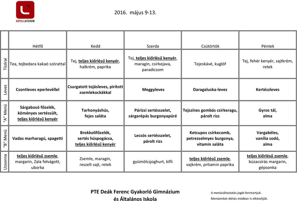 zsemlekockákkal Meggyleves Daragaluska-leves Kertészleves Sárgabosó főzelék, köményes sertéssült, Tarhonyáshús, Párizsi sertésszelet, sárgarépás burgonyapüré Tejszínes gombás