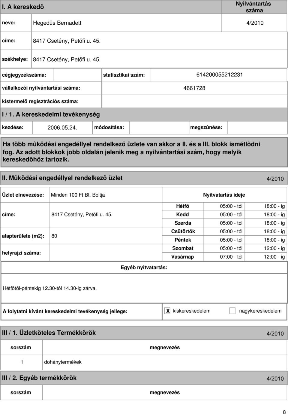 módosítása: megszûnése: II. Mûködési engedéllyel rendelkezõ üzlet 4/2010 Minden 100 Ft Bt. Boltja címe: 8417 Csetény, Petõfi u. 45.