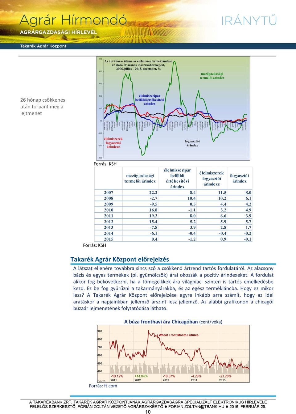 1 Takarék Agrár Központ előrejelzés A látszat ellenére továbbra sincs szó a csökkenő ártrend tartós fordulatáról. Az alacsony bázis és egyes termékek (pl.