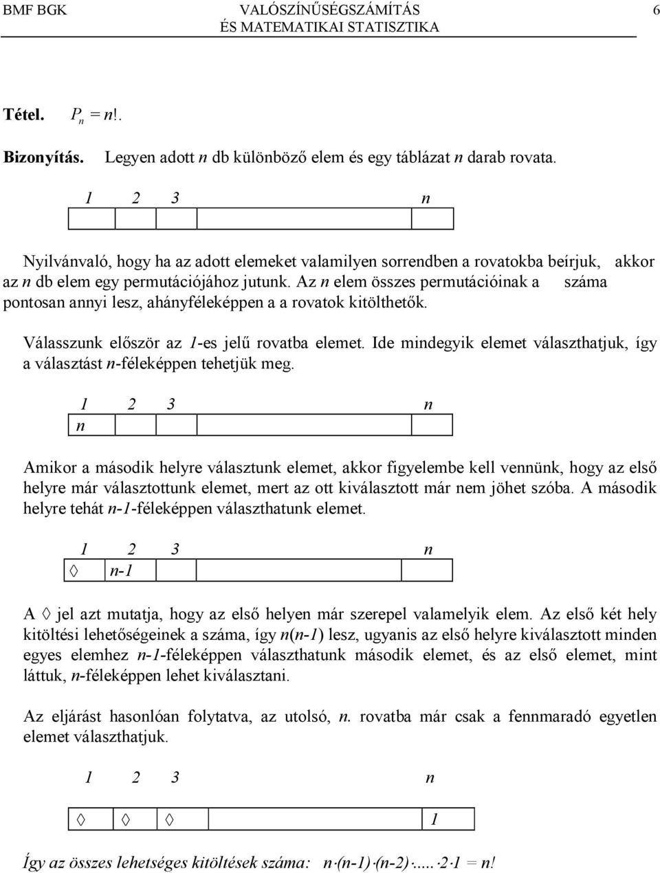 összes permutációiak a száma potosa ayi lesz, aháyféleképpe a a rovatok kitölthet8k Válasszuk el8ször az -es jel/ rovatba elemet Ide midegyik elemet választhatjuk, így a választást -féleképpe