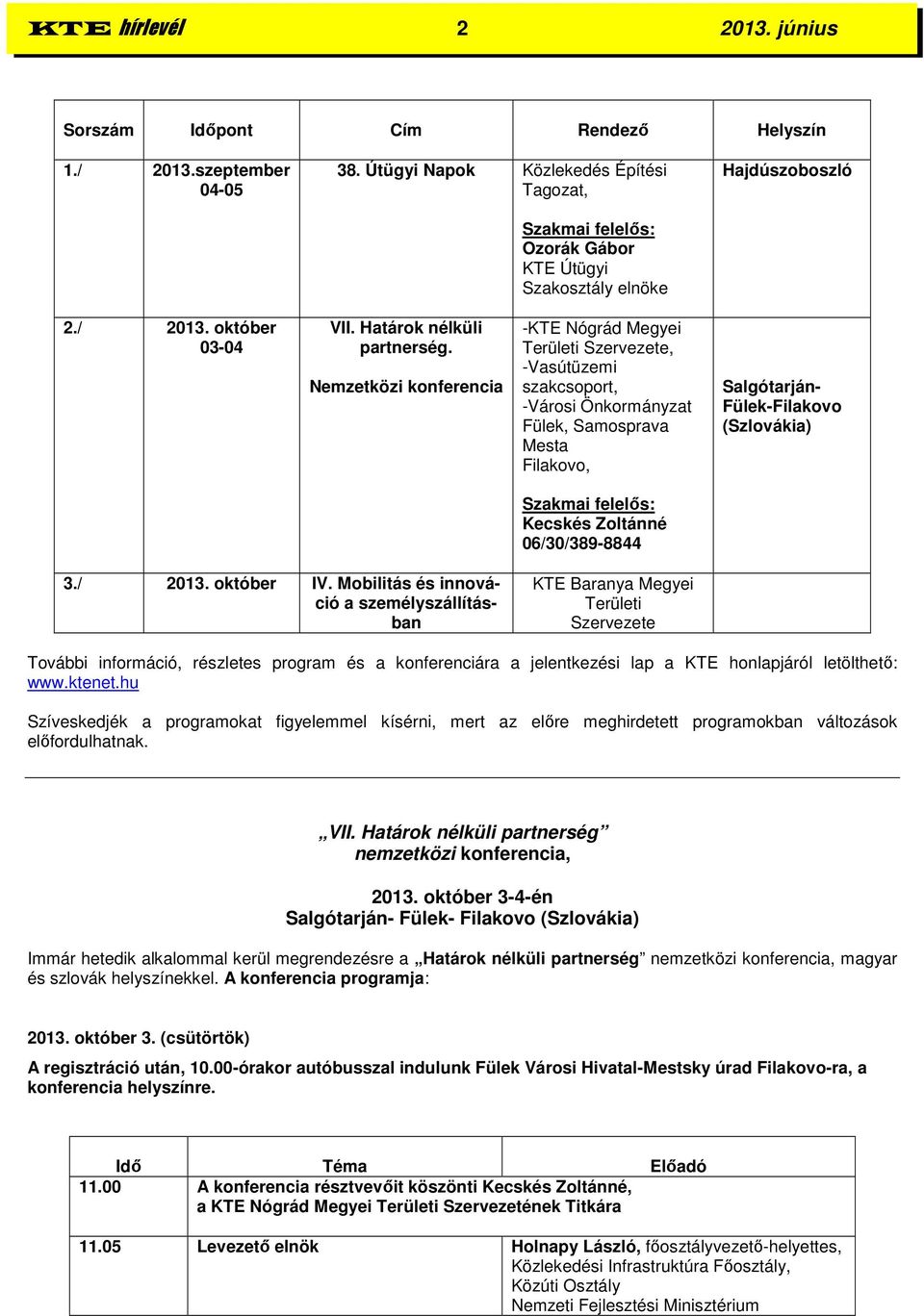 Nemzetközi konferencia -KTE Nógrád Megyei Területi Szervezete, -Vasútüzemi szakcsoport, -Városi Önkormányzat Fülek, Samosprava Mesta Filakovo, Salgótarján- Fülek-Filakovo (Szlovákia) Szakmai felelős: