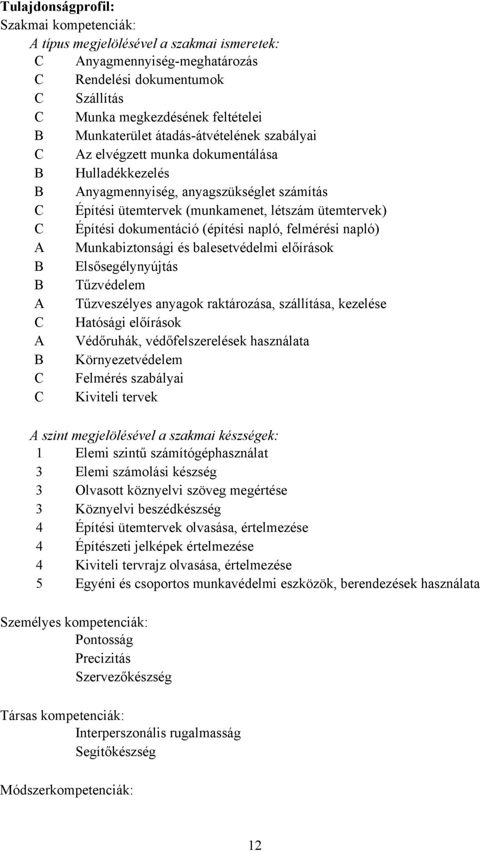 dokumentáció (építési napló, felmérési napló) A Munkabiztonsági és balesetvédelmi előírások B Elsősegélynyújtás B Tűzvédelem A Tűzveszélyes anyagok raktározása, szállítása, kezelése C Hatósági